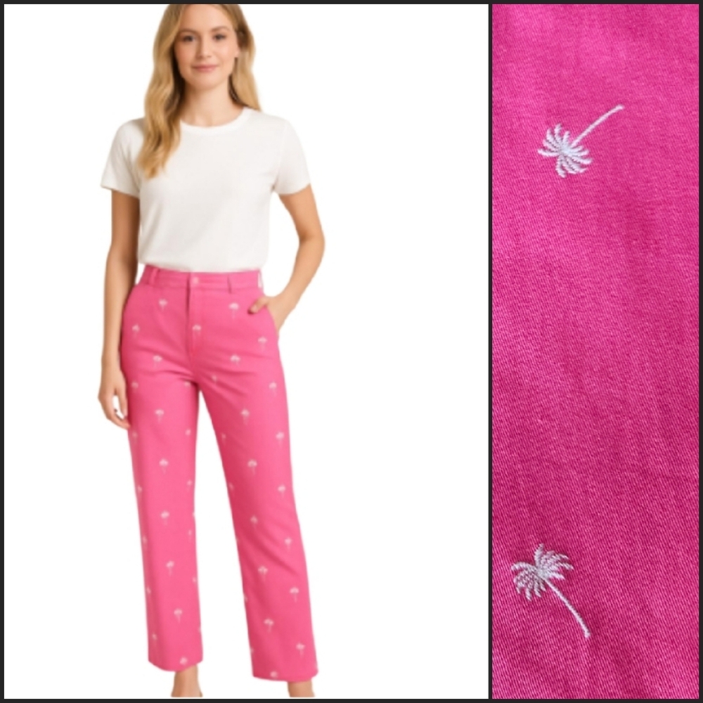 NEW! THE VILLAGER Pink Embroidered Palm Tree Cropped Capri Pants 8.